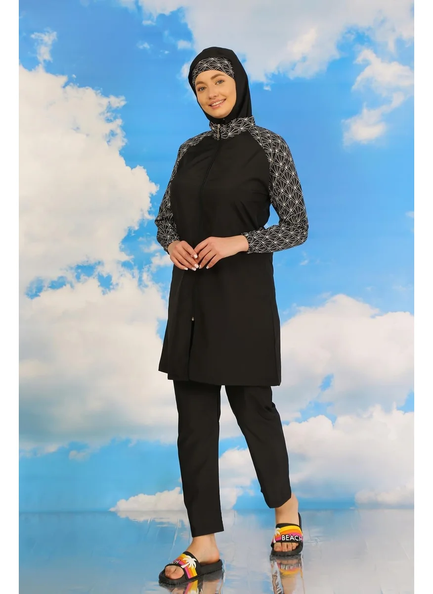 Akbeniz Women's Patterned Full Hijab Swimsuit with Trousers Black 31072