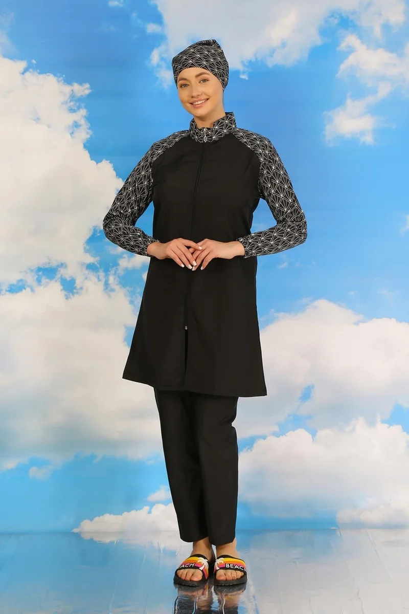 Akbeniz Women's Patterned Full Hijab Swimsuit with Trousers Black 31072
