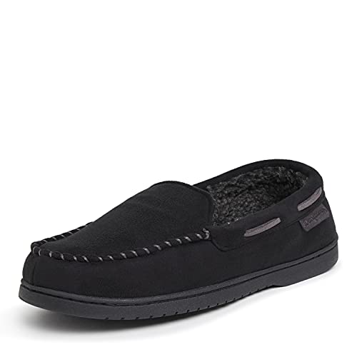 Dearfoams Men's Keaton Memory Foam Moccasin with Wide Widths Slipper, Black Microsuede, 11-12 - Image 1