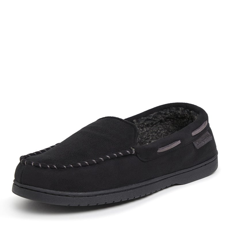 Dearfoams Men's Keaton Memory Foam Moccasin with Wide Widths Slipper, Black Microsuede, 11-12 - Image 5