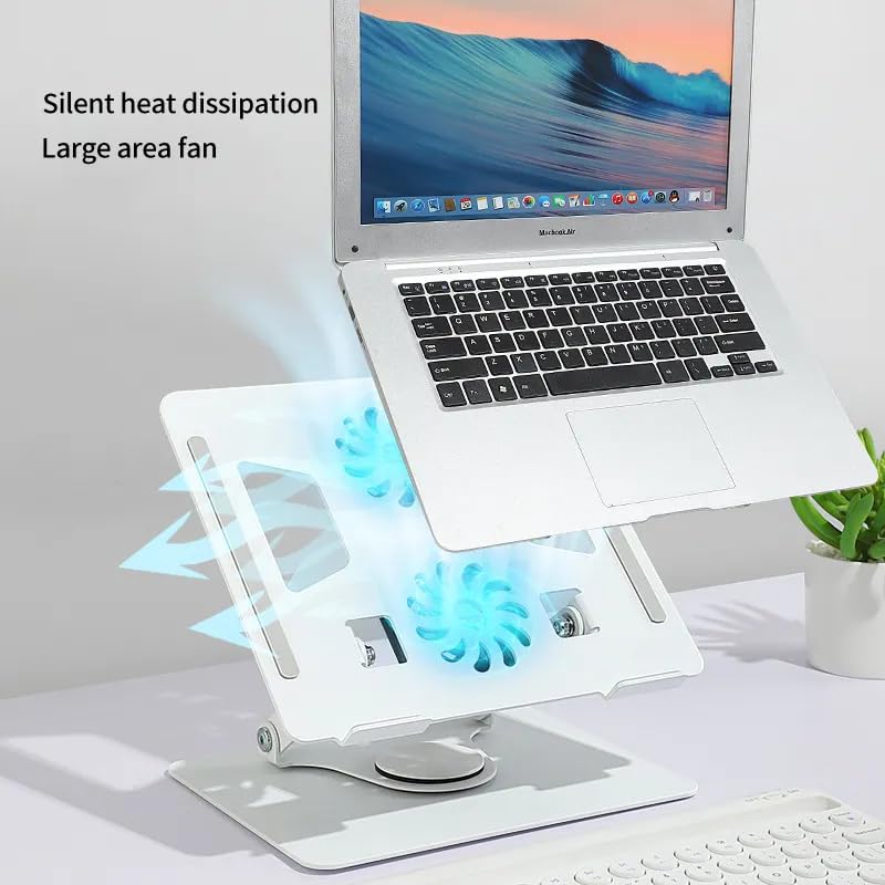KRESHU Cooling Foldable Laptop Holder | 360 Degree Rotating Aluminium Laptop Riser Stand with Double Fans | PC Notebooks Cooler Adjustable Desktop Stands with Double Fans (Silver, 1-Pcs) - Image 2
