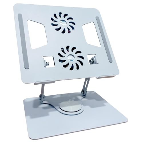 KRESHU Cooling Foldable Laptop Holder | 360 Degree Rotating Aluminium Laptop Riser Stand with Double Fans | PC Notebooks Cooler Adjustable Desktop Stands with Double Fans (Silver, 1-Pcs) - Image 1