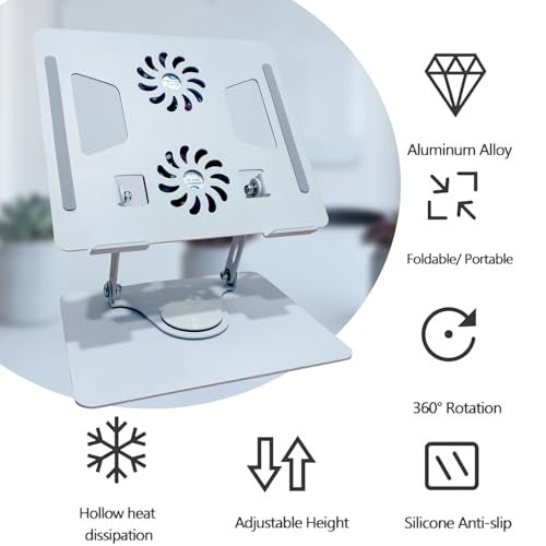 KRESHU Cooling Foldable Laptop Holder | 360 Degree Rotating Aluminium Laptop Riser Stand with Double Fans | PC Notebooks Cooler Adjustable Desktop Stands with Double Fans (Silver, 1-Pcs) - Image 5