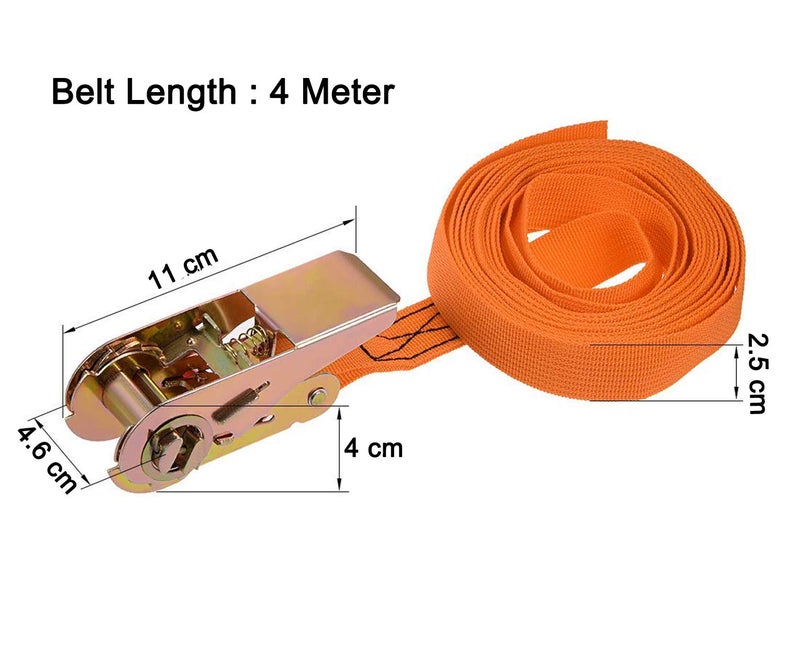 MEZON Lorry Trailer Truck Car Bike Cargo Belt Double J Metal Hook Ratchet Tie Down Strap 4 Meter X 2.5 cm (Orange) - Image 2