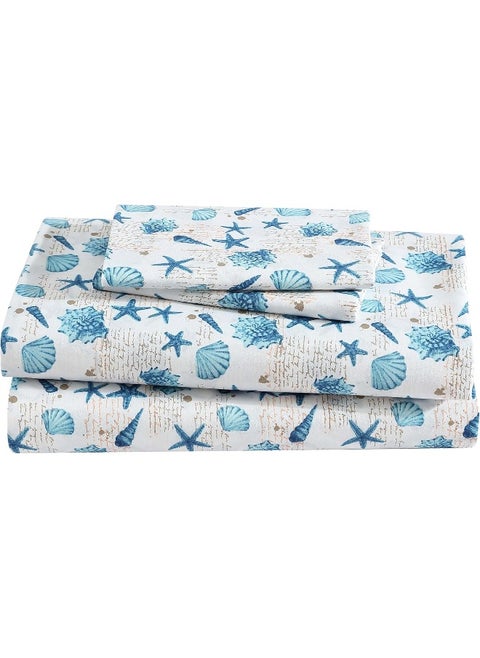 Beatrice Home Fashions Coastal Print Microfiber Sheet Set, Soft, Comfy, 12" Deep Pockets, King, Shell Notes