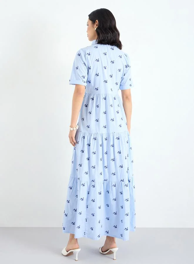 Styli Styli Blue Embroidered Tiered Maxi Dress