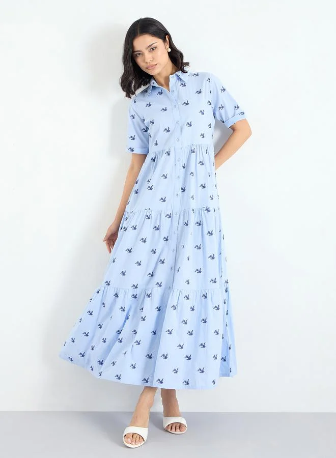 Styli Styli Blue Embroidered Tiered Maxi Dress