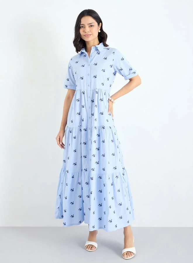 Styli Styli Blue Embroidered Tiered Maxi Dress