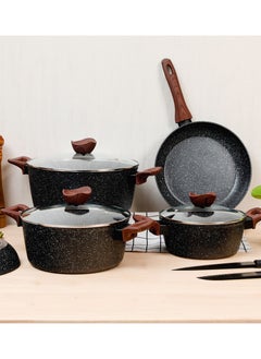 Baroly 7-Piece Granite Cooking Pots Set with Black Glass Lids 