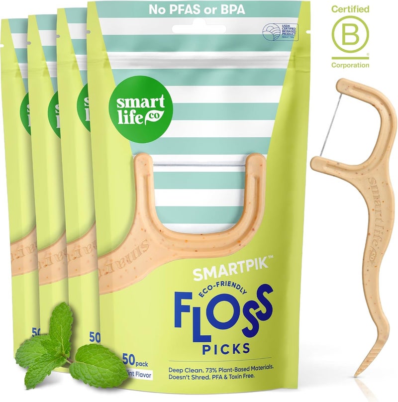SmartLifeco Eco-Friendly Dental Floss Picks (200ct) - Flossers Made with Straw Wheat Blend, Superior Anti-Shred Thread for Tight Gaps, Tooth Pick Stick for Adults, Soft on Gum & Teeth, Vegan, Mint - Image 1