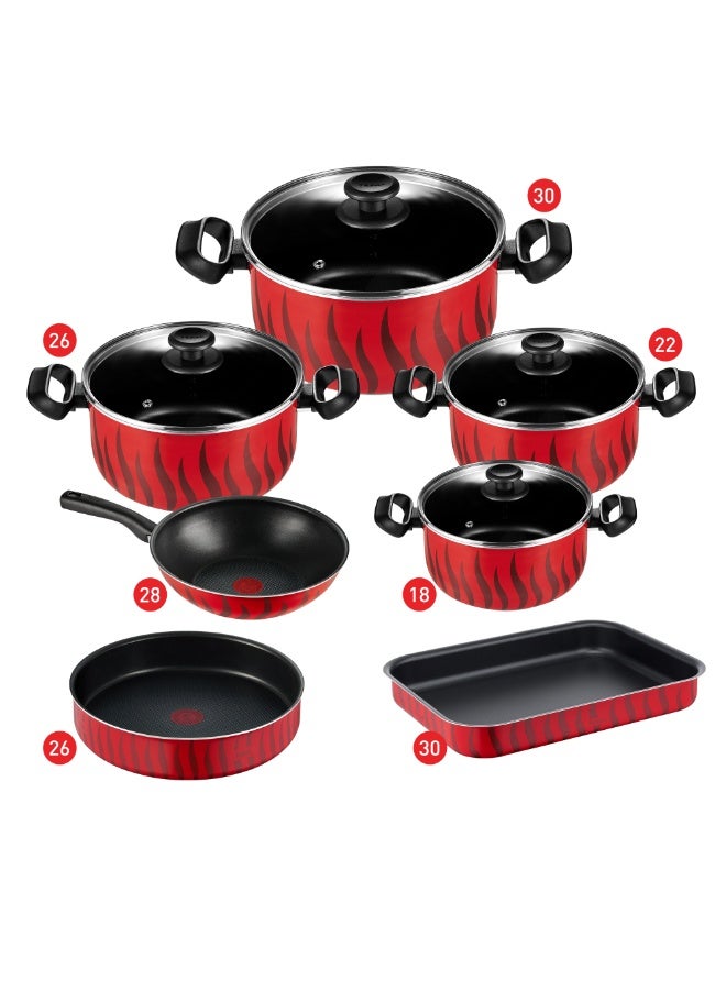 Tefal Tempo Flame Cooking Set With Glass Lid - Stewpots 18,22,26,30 + Wokpan 32 + Round Oven Tray 26 + Rectangular Oven Tray 30 - 4300010778