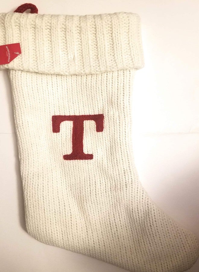 Target Wondershop Holiday Christmas Winter White Thick Knit Stocking Sock 19 Inches Monogram Letter T Mantel Decoration