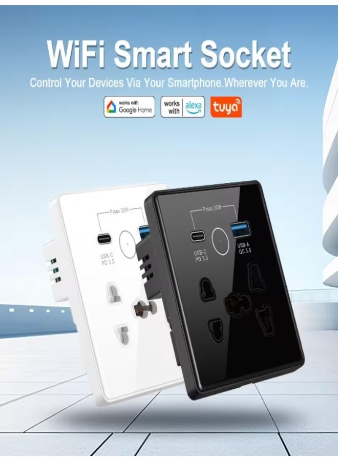 Universal WiFi Smart Wall Outlet with USB & Type-C Ports – Tuya APP Control, Touch Panel, Alexa & Google Home Compatible, Fireproof Glass Panel, 13A, No Hub Required, 2.4G WiFi - Image 1