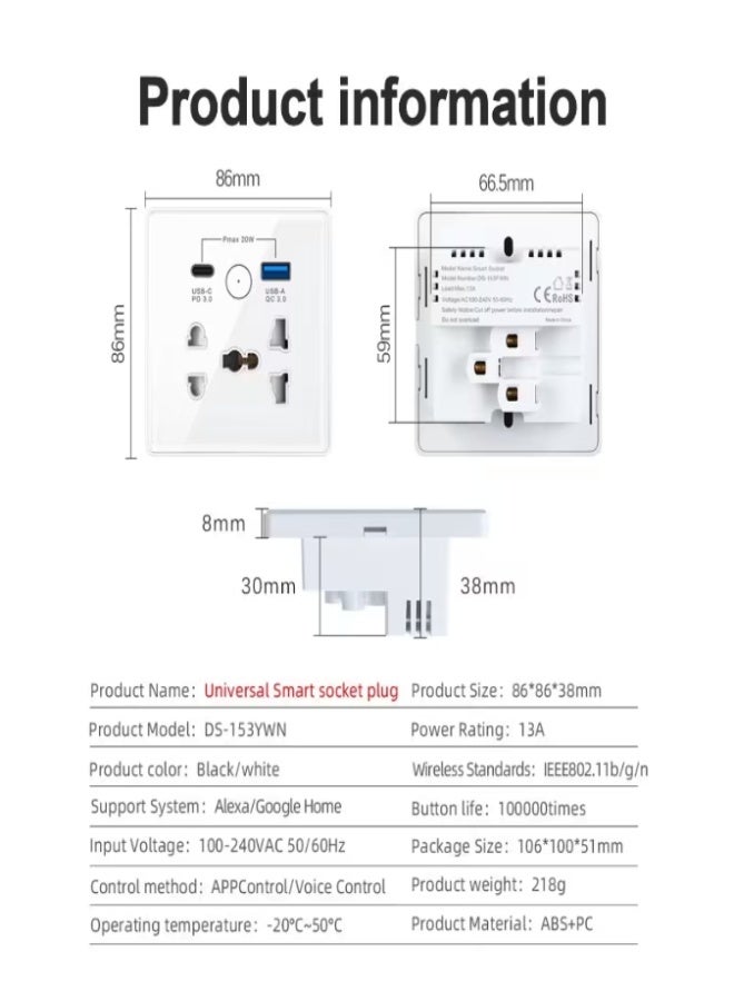 Universal WiFi Smart Wall Outlet with USB & Type-C Ports – Tuya APP Control, Touch Panel, Alexa & Google Home Compatible, Fireproof Glass Panel, 13A, No Hub Required, 2.4G WiFi - Image 5