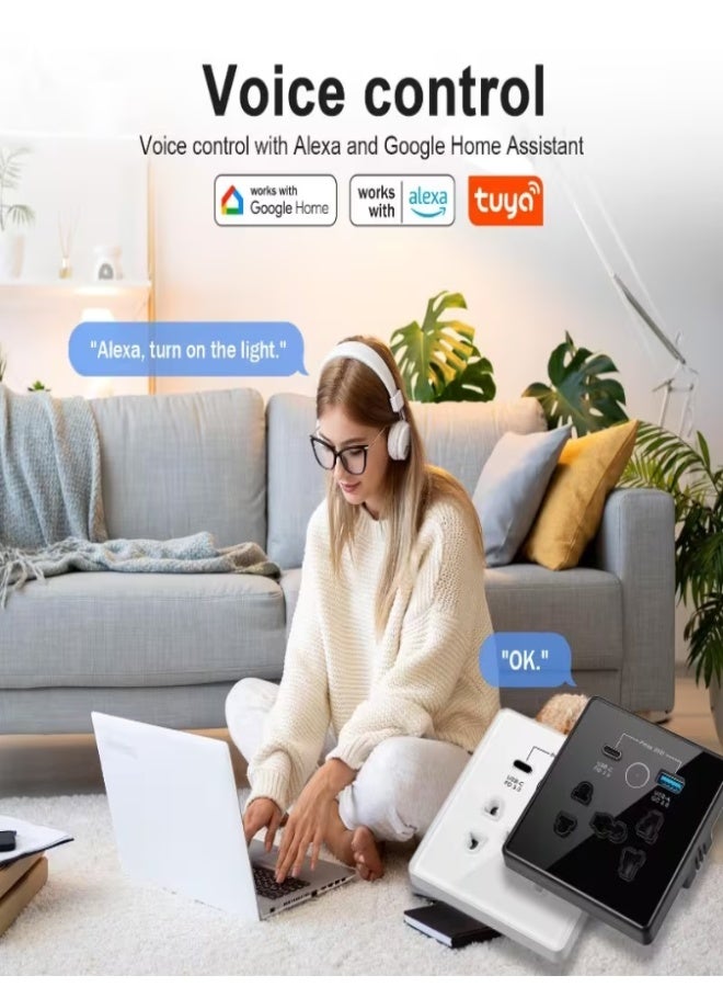 Universal WiFi Smart Wall Outlet with USB & Type-C Ports – Tuya APP Control, Touch Panel, Alexa & Google Home Compatible, Fireproof Glass Panel, 13A, No Hub Required, 2.4G WiFi - Image 3