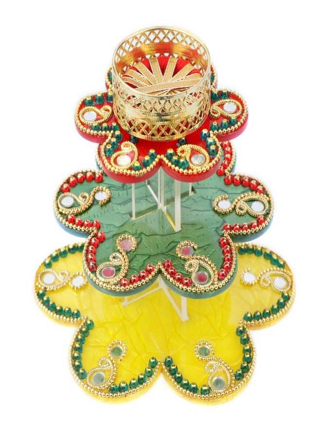 Aditri Creation Colorful Floor Rangoli with Tea Light Candle Holder Stand Decorative T Light for Floor Indian Traditional Decorations Lighting Accessories Home Decor(Size:5"X4")(without Wax)(Red,Yellow,Green) - Image 1