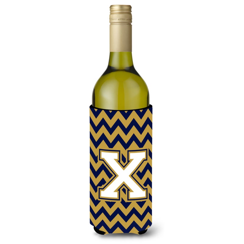 Letter X Chevron Navy Blue and Gold Wine Bottle Beverage Insulator Hugger CJ1057-XLITERK