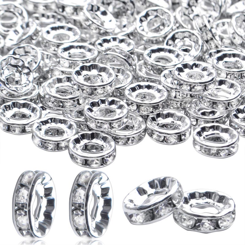 BronaGrand Rhinestone Spacer Beads,100Pcs Crystal Rhinestone Spacer Beads Large Hole European Beads Metal Beads Supplies for DIY Bracelet Necklace Jewelry Making - Image 1