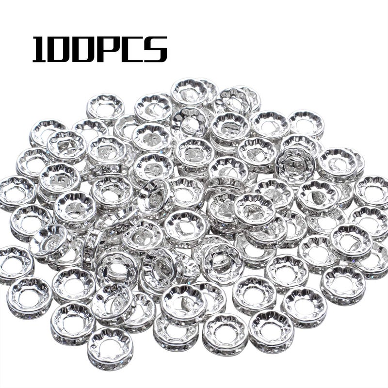 BronaGrand Rhinestone Spacer Beads,100Pcs Crystal Rhinestone Spacer Beads Large Hole European Beads Metal Beads Supplies for DIY Bracelet Necklace Jewelry Making - Image 2