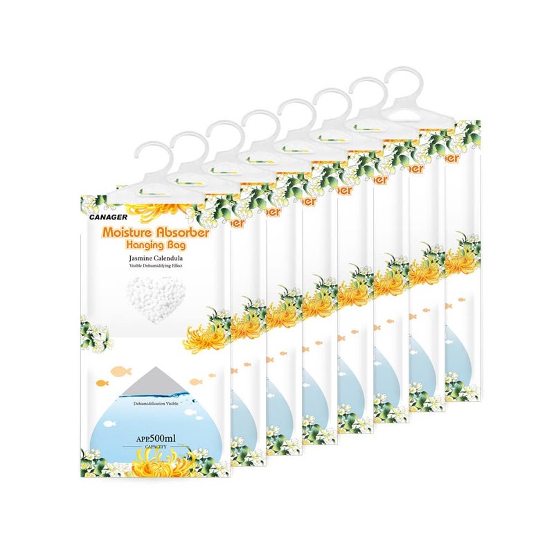 CANAGER Hanging Moisture Absorber Jasmine Calendula Moistureproof Hanging BagDehumidifier Bag 8 packs Hanging Closet Dehumidifier Bags Moisture Absorb 125 oz