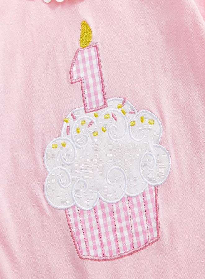 GOOCHEER First Birthday Baby Girl Outfit Fall 1 Cake Embroidery Ruffle Long Sleeve Romper Jumpsuit Cake Smash Clothes (Pink, 12-18 Months) - Image 4