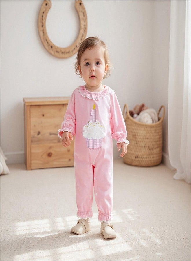GOOCHEER First Birthday Baby Girl Outfit Fall 1 Cake Embroidery Ruffle Long Sleeve Romper Jumpsuit Cake Smash Clothes (Pink, 12-18 Months) - Image 2