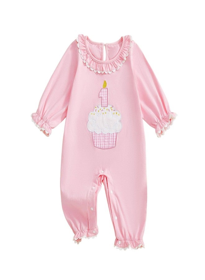 GOOCHEER First Birthday Baby Girl Outfit Fall 1 Cake Embroidery Ruffle Long Sleeve Romper Jumpsuit Cake Smash Clothes (Pink, 12-18 Months) - Image 1