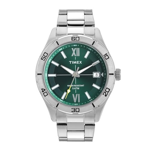 TIMEX ساعة تيمكس التناظرية للرجال مع قرص أخضر وسوار من الفولاذ المقاوم للصدأ باللون الفضي - مقاومة للماء - ساعات يد رجالية - TWEG295SMU04 - Image 1