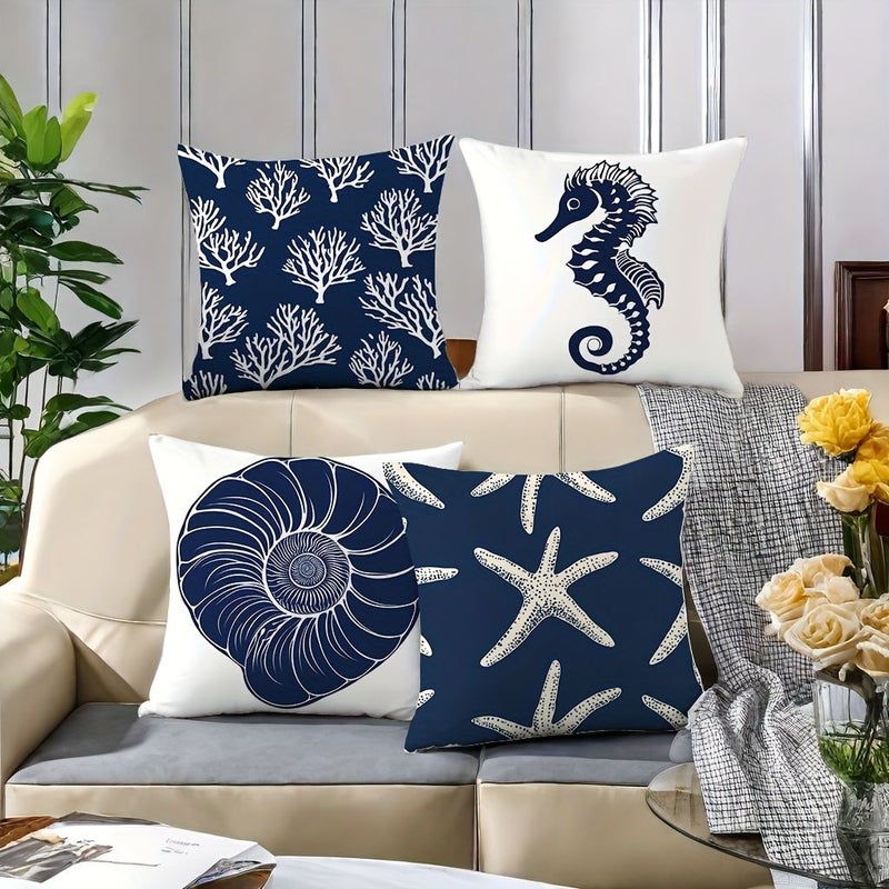 Set Of 4 Nautical Marine Cushion Covers 45x45 Cm 18x18 Inch Blue White Ocean Seahorse Starfish Pattern - Image 2