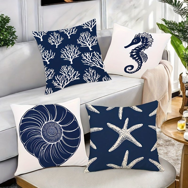 Set Of 4 Nautical Marine Cushion Covers 45x45 Cm 18x18 Inch Blue White Ocean Seahorse Starfish Pattern - Image 4