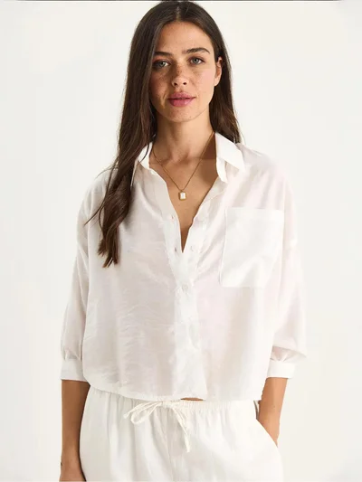 Bianco Lucci LUCCI Textured Crop Shirt with Button Closure and Pocket