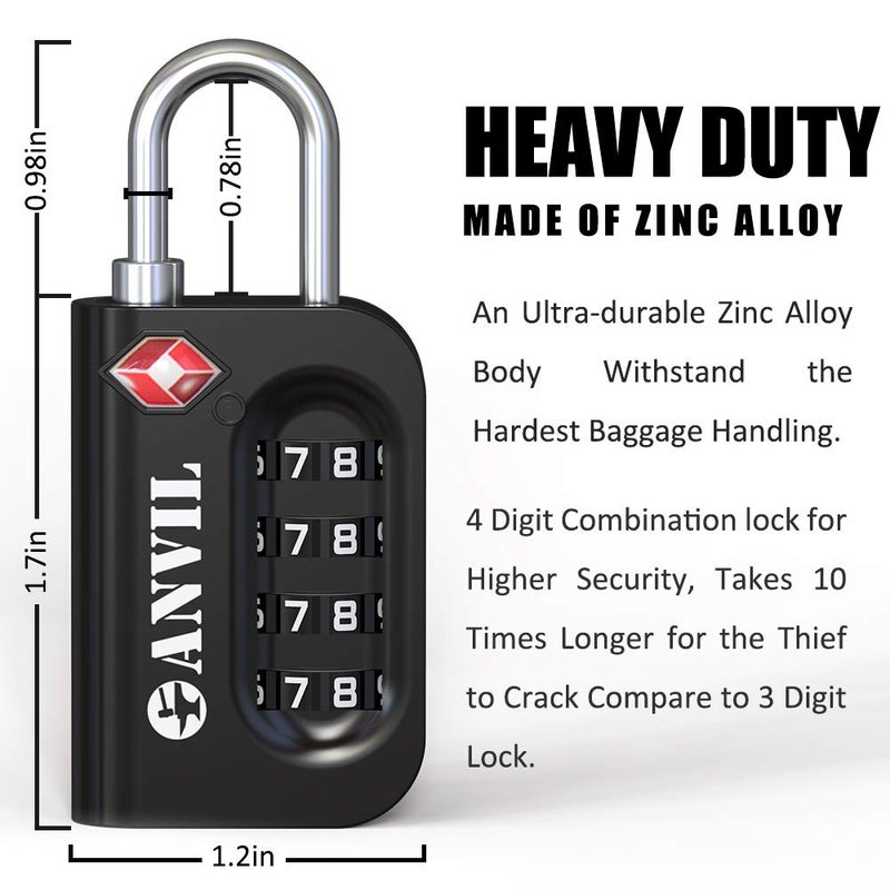 ANVIL TSA Approved Luggage Lock - 4 Digit Combination, 10,000 Combinations, Easy-Read Password Window, Travel Lock for Suitcases, Backpacks, Gym & Student Lockers, Baggage (4 Colors) - Image 3