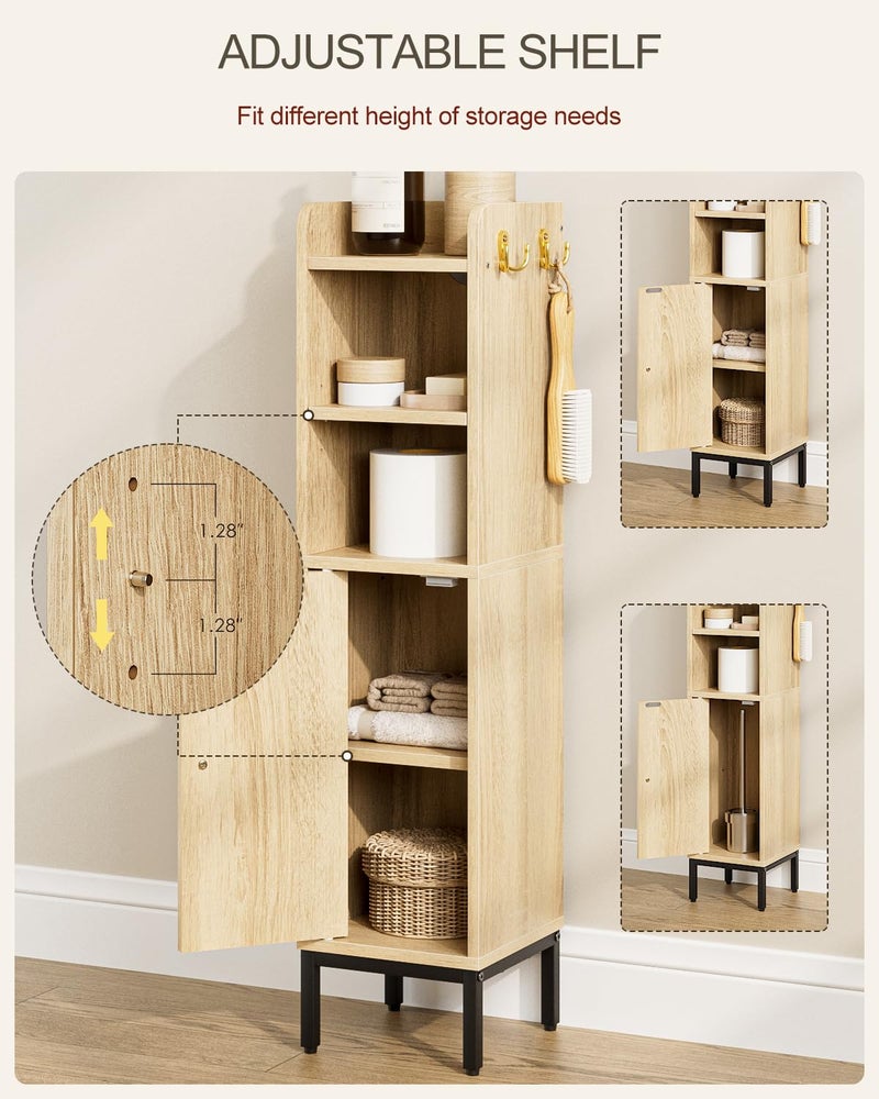 AEPOALUA Bathroom Storage Cabinet, Small Corner Floor Hutch with 2Hooks,Narrow Toilet Paper Cabinet with Rattan Door,Bathroom Organizer with Adjustable Shelf, for Small Spaces,Oak - Image 5