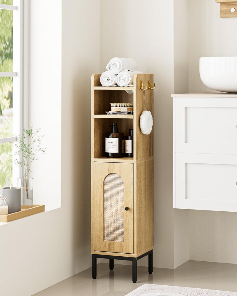 AEPOALUA Bathroom Storage Cabinet, Small Corner Floor Hutch with 2Hooks,Narrow Toilet Paper Cabinet with Rattan Door,Bathroom Organizer with Adjustable Shelf, for Small Spaces,Oak - Image 1