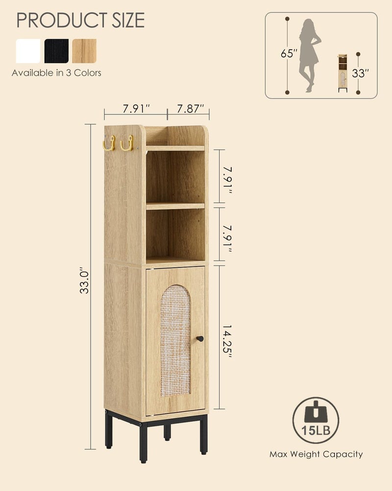 AEPOALUA Bathroom Storage Cabinet, Small Corner Floor Hutch with 2Hooks,Narrow Toilet Paper Cabinet with Rattan Door,Bathroom Organizer with Adjustable Shelf, for Small Spaces,Oak - Image 2