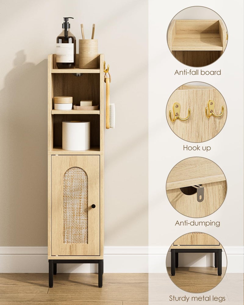 AEPOALUA Bathroom Storage Cabinet, Small Corner Floor Hutch with 2Hooks,Narrow Toilet Paper Cabinet with Rattan Door,Bathroom Organizer with Adjustable Shelf, for Small Spaces,Oak - Image 4