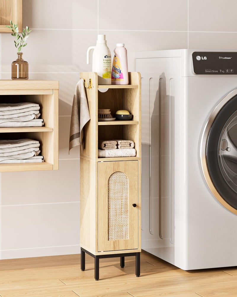 AEPOALUA Bathroom Storage Cabinet, Small Corner Floor Hutch with 2Hooks,Narrow Toilet Paper Cabinet with Rattan Door,Bathroom Organizer with Adjustable Shelf, for Small Spaces,Oak - Image 3