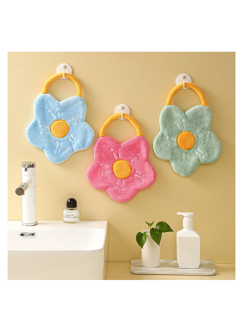 SOLARAE Cute Flower Hand Towels with Hanging Loop, 4 Pcs Soft Absorbent Coral Fleece Hand Towels, Bathroom Kitchen Quick Dry Hanging Hand Towels for Kids, Adults - Image 5