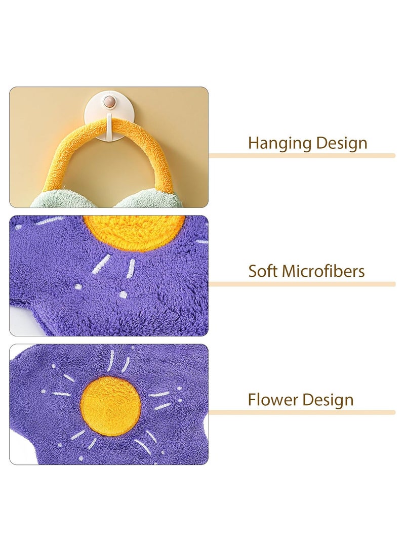 SOLARAE Cute Flower Hand Towels with Hanging Loop, 4 Pcs Soft Absorbent Coral Fleece Hand Towels, Bathroom Kitchen Quick Dry Hanging Hand Towels for Kids, Adults - Image 3