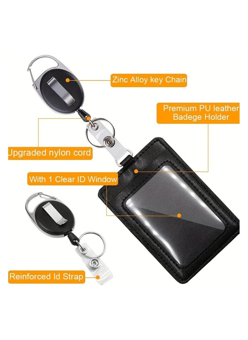KIIUMI Office Badge Holder, Vertical PU Leather ID Badge Card Holder with 1 Clear ID Window, Retractable Badge Reel ID Card Holders Set  - Image 3