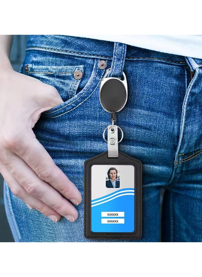 KIIUMI Office Badge Holder, Vertical PU Leather ID Badge Card Holder with 1 Clear ID Window, Retractable Badge Reel ID Card Holders Set  - Image 4