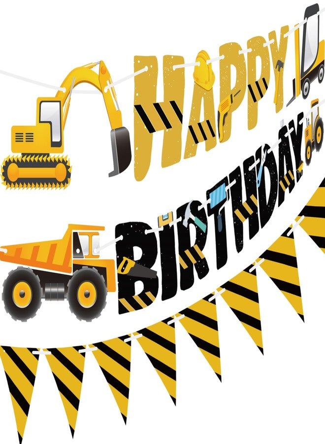 FIGEPO 3 Packs Construction Happy Birthday Banner and Construction Pennant Flags Bunting Banner Decorations Construction Birthday Party Supplies for Boys Birthday Party (Construction) - Image 1