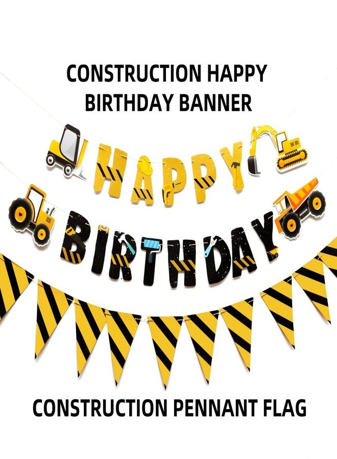 FIGEPO 3 Packs Construction Happy Birthday Banner and Construction Pennant Flags Bunting Banner Decorations Construction Birthday Party Supplies for Boys Birthday Party (Construction) - Image 2