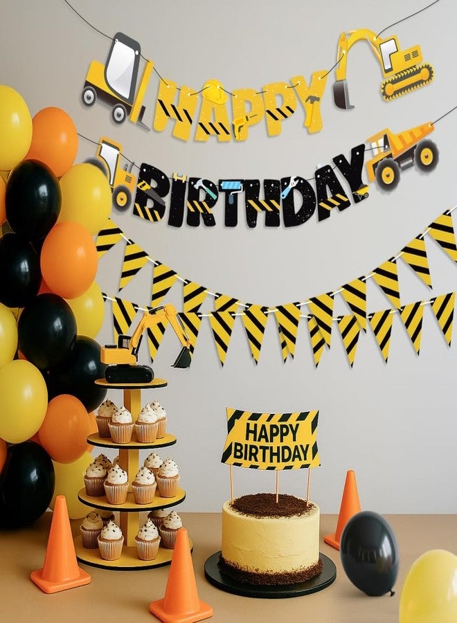 FIGEPO 3 Packs Construction Happy Birthday Banner and Construction Pennant Flags Bunting Banner Decorations Construction Birthday Party Supplies for Boys Birthday Party (Construction) - Image 3