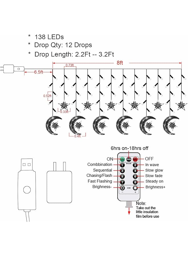 erorex 138 Led Star Moon Curtain Lights Ramadan Decorations Lights 8 Modes Usb Powered Window Curtain Fairy String Lights With Remote Control Wedding Party Ramadan Eid Decoration For Home - Image 2