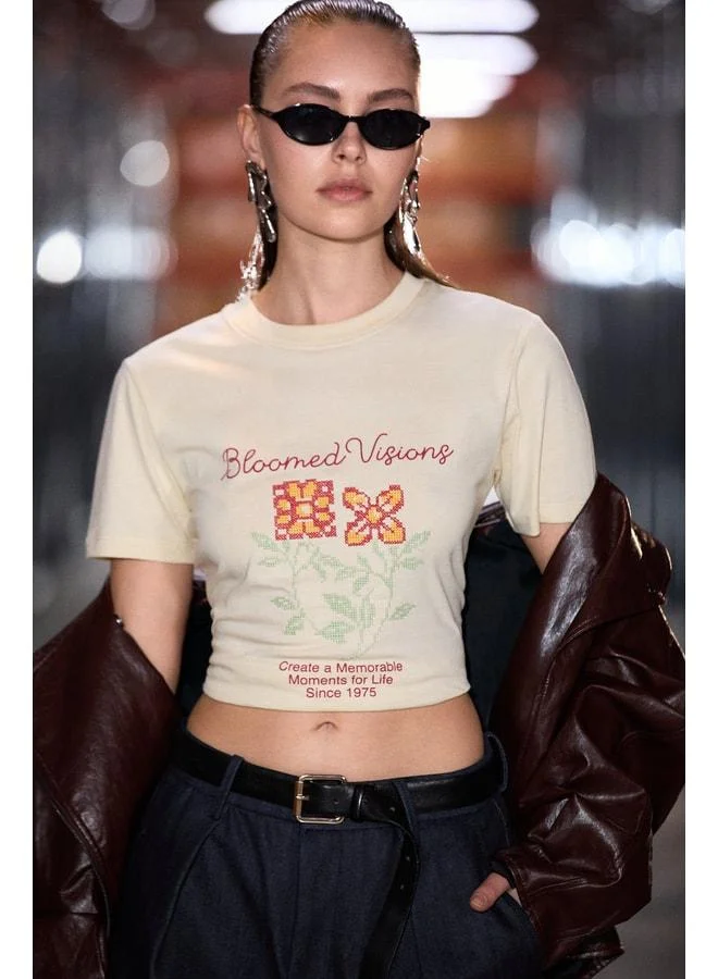 GRIMELANGE JASMI Women's Soft Fabric 100% Organic Cotton Printed and Embroidered Detailed Crop Yellow T-Shirt.