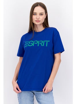 ESPRIT Women Crew Neck Short Sleeve Brand Logo T-Shirt, Blue/Green  - Image 1