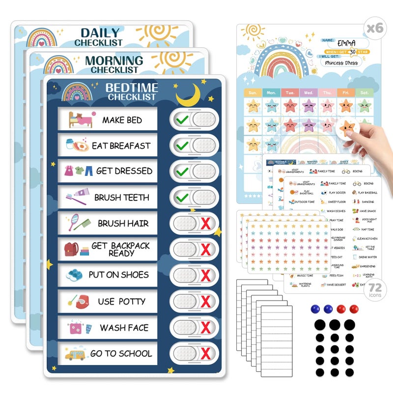 CustomMaster Upgraded Slider 4 in 1 Reward Chart for Kids, Reusable Bedtime/Morning/Daily Routine Chart for Kids, Magnetic Chore Chart for Kids Toddlers, Sticker Chart for Kids Behavior Chart for Kids at Home - Image 1