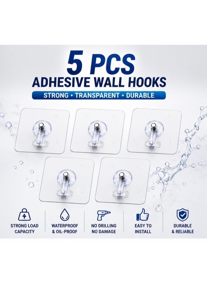 5-Piece Transparent Adhesive Wall Hooks Set – Strong Self-Stick Magic Hooks Without Drilling for Clothes, Keys & Home Organization in Kitchen, Bathroom and Bedroom - Image 1