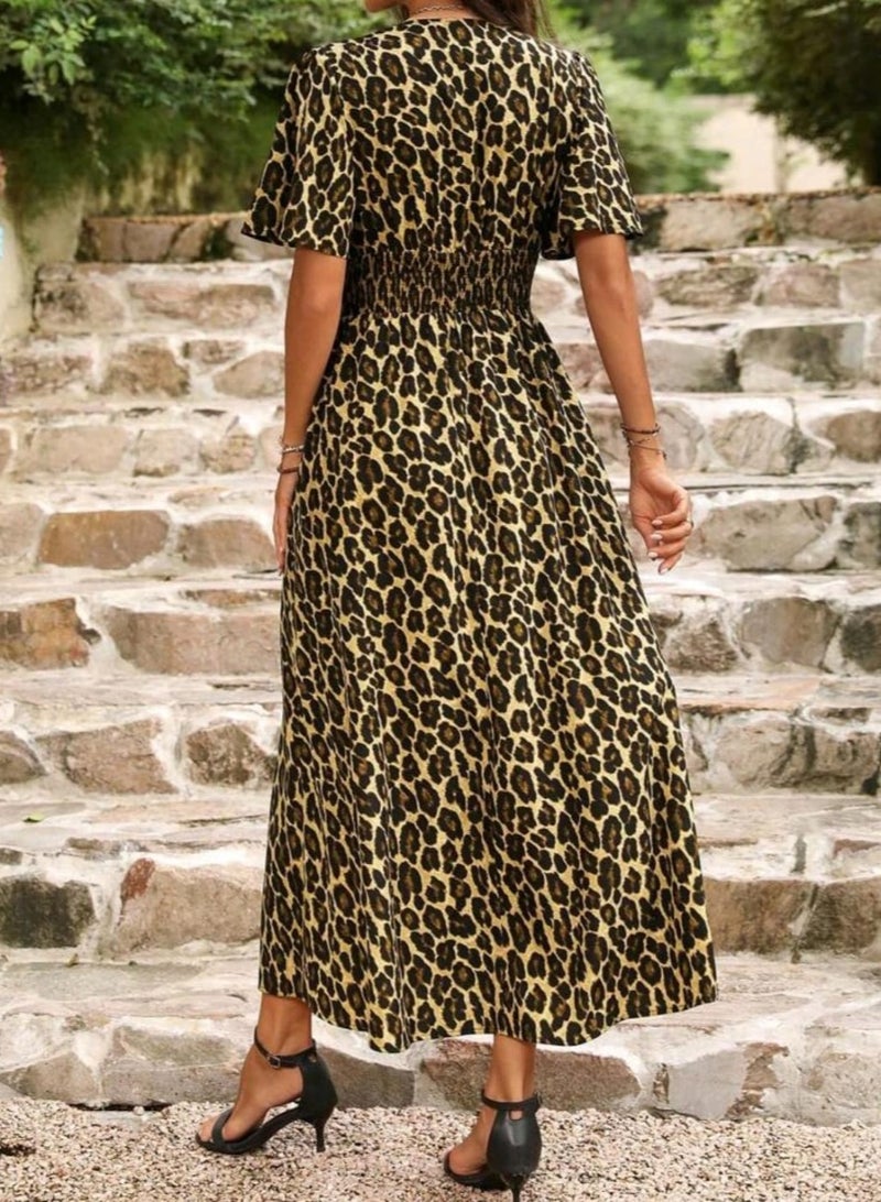 Shein SHEIN Clasi Women's Casual Leopard Print Slit Waist Dress, Summer Maxi Women Outfit - Image 3